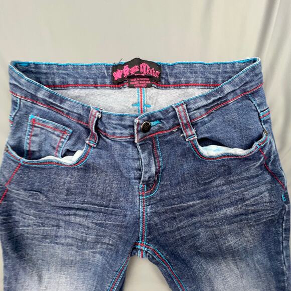 Queen Maker Low Rise Flare Jeans Blue Stretch Y2K Embroidered Pockets Sz 3 - Picture 3 of 8